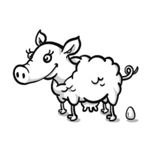 A black and white drawing of the egg-laying wool-milk-sow called Joyfullness: Sow head, sheep body, cow udder and an egg.