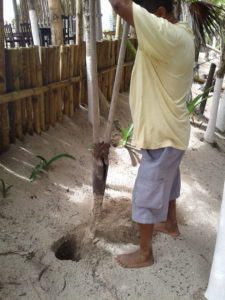 a man digging a hole for turtle eggs